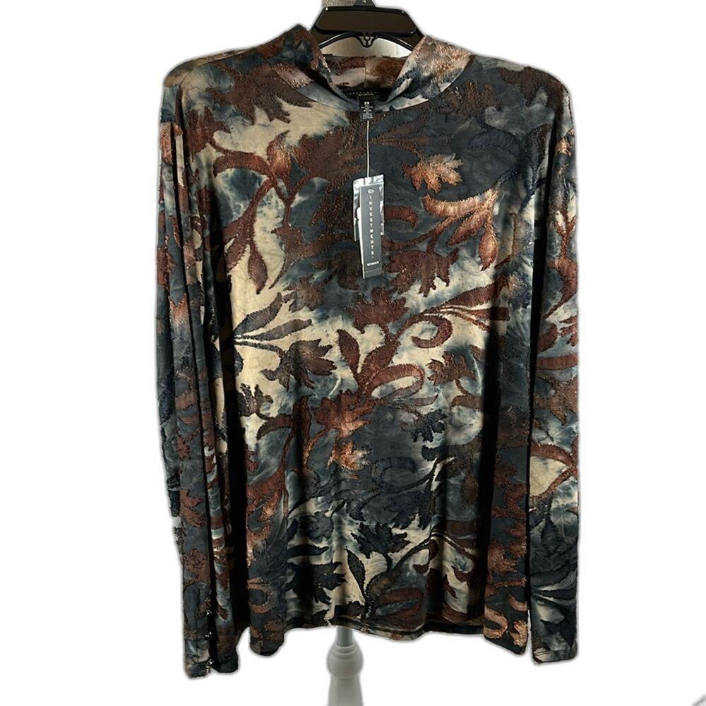 Investments Floral Tie Dye Long Brown Sleeve Top Size 2X